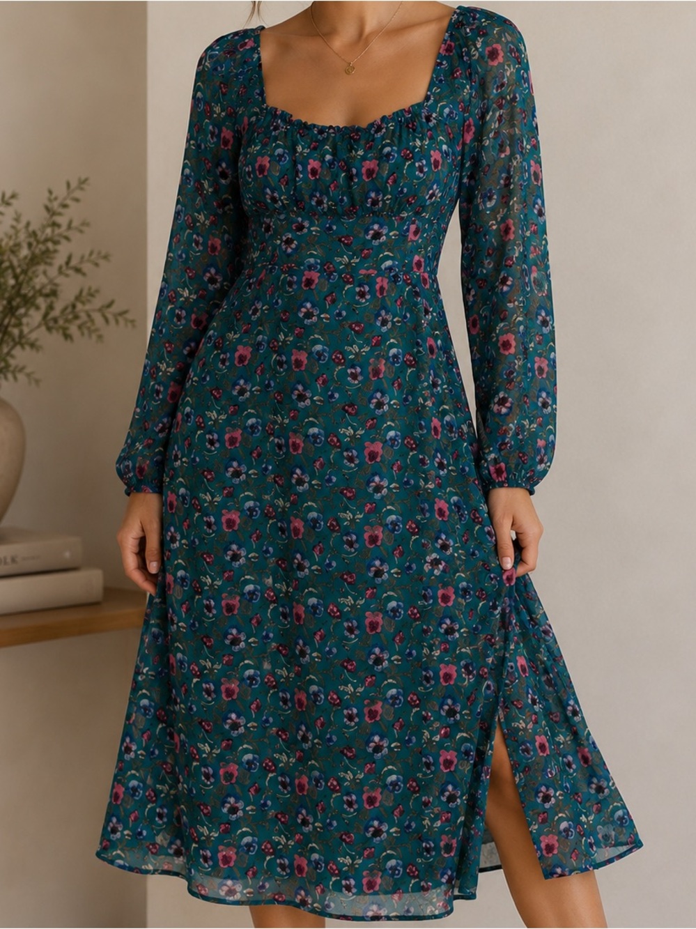 Teal Floral Square-Neck Midi Dress